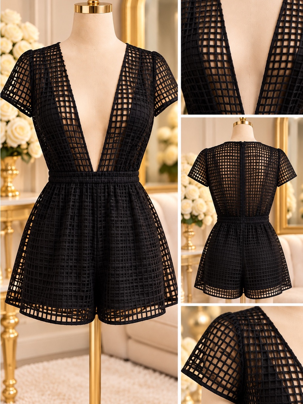 Deep V-Neck Black Mesh Romper